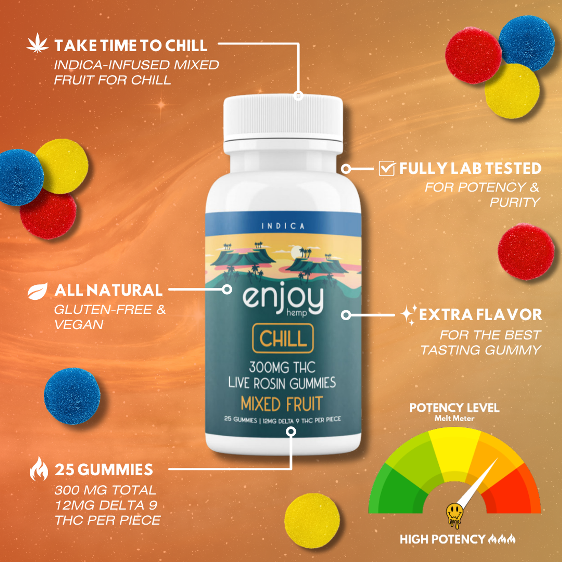 Live Rosin Delta 9 THC 300mg Gummies for Chill (Indica) - 25 gummies | 12 mg each